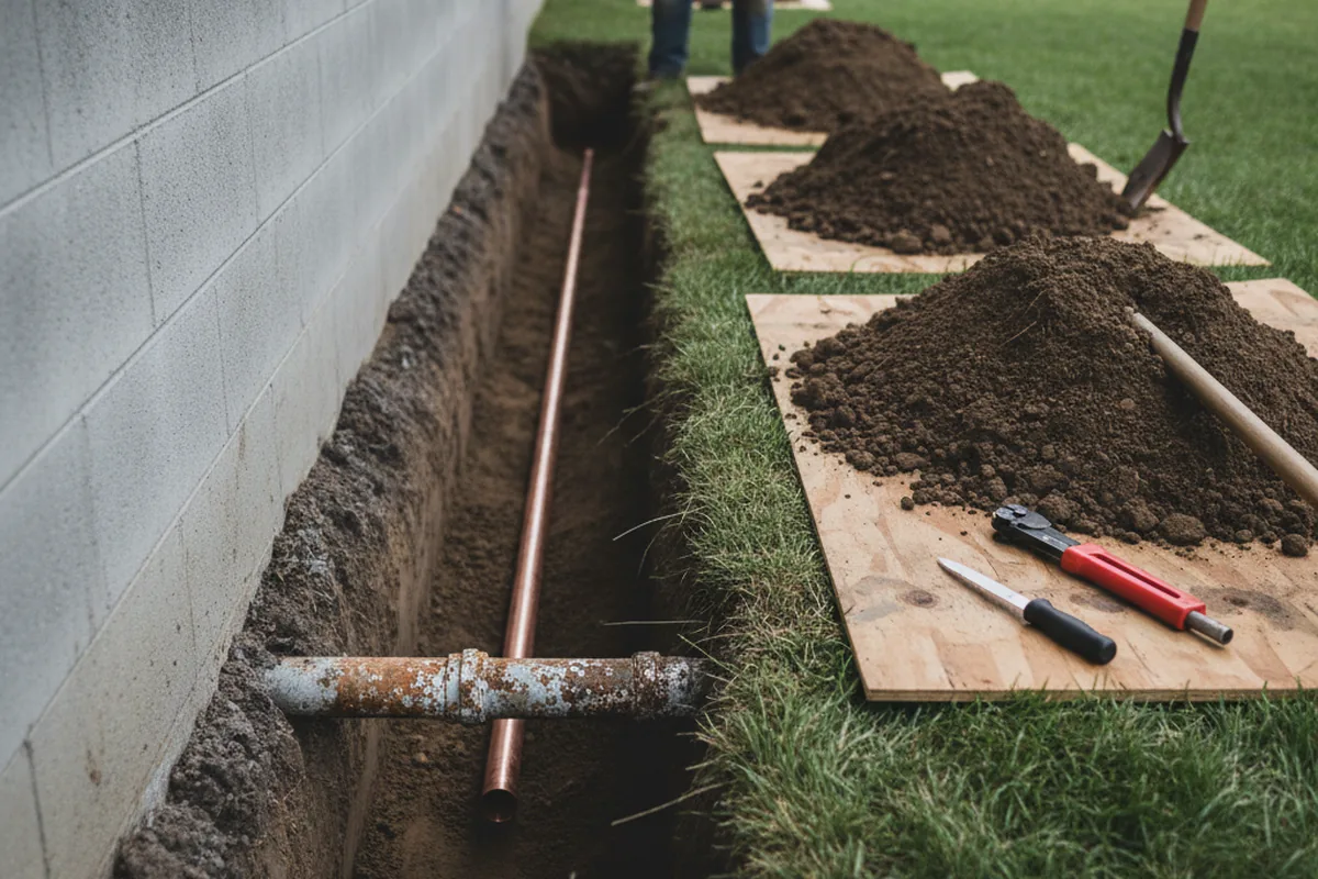 Excavated water line trench during Sewer Line Repair in Clyde
